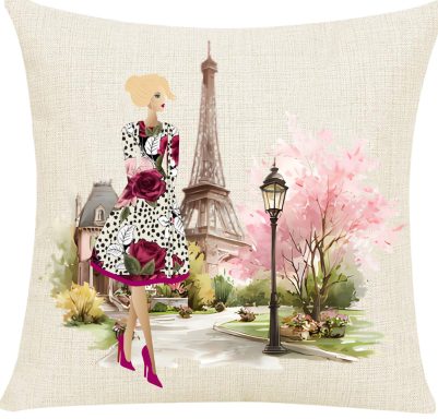 Stylized dress illustration of a woman near the Eiffel Tower and flowering trees.
