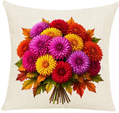 Colorful bouquet of chrysanthemums with autumn leaves on a textured background.