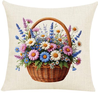 A woven basket filled with colorful daisies and assorted wildflowers.